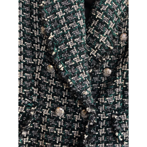RACHEL ZOE Green & Black Textured Boucle Tweed Fringe Blazer Suit Jacket M - Picture 13 of 15